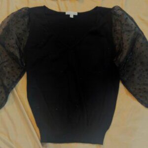 Ophelia Roe SIZE MEDIUM Balloon Sheer Sleeve Black Vneck Sweater